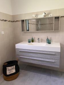 ein Bad mit einem Waschbecken und einem Spiegel in der Unterkunft "Les cigales" aux portes de la Provence in Bollène