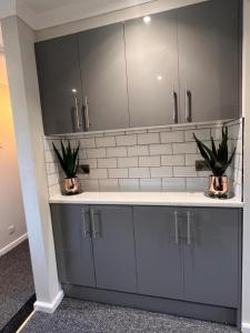 a bathroom with a vanity with two potted plants on it at The Coral 66 Guest House Southampton in Southampton