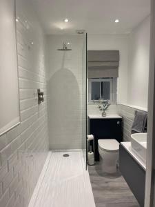 a white bathroom with a toilet and a sink at Hyfrydol Bach in Maesteg