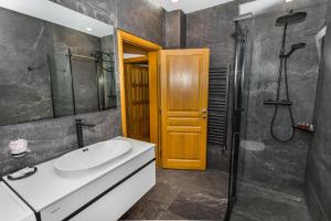a bathroom with a sink and a shower at Art of Living Luxury suite one in Sarajevo