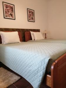 1 cama con edredón azul y 2 almohadas en Casa Vaz 2 en Grândola