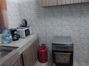 a small kitchen with a stove and a microwave at 2 spacious bedrooms in Mombasa