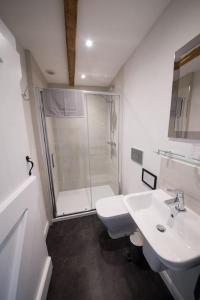 a bathroom with a shower and a toilet and a sink at Countryside cottage with pool in High Halden +9 photos