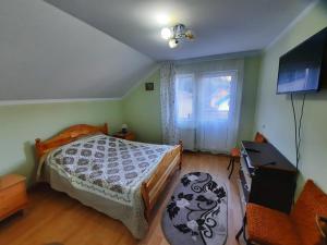 Schlafzimmer mit einem Bett, einem TV und einem Fenster in der Unterkunft Casa Aurici Vatra Dornei in Vatra Dornei