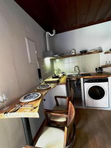 una pequeña cocina con fregadero y lavadora en Memory luxury studio The sibling apartments, en Mytilinioí