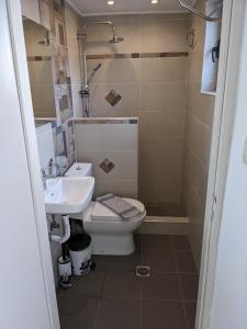 a bathroom with a toilet and a sink at Coral in Frangokastello