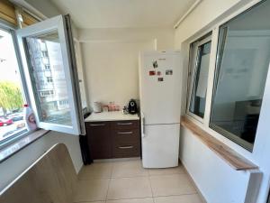 eine Küche mit einem Kühlschrank, einer Spüle und einem Fenster in der Unterkunft Garsoniera moderna parcare internet in Piteşti
