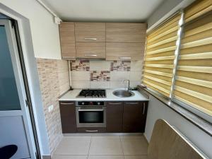 uma pequena cozinha com um fogão e um lavatório em Garsoniera moderna parcare internet em Piteşti
