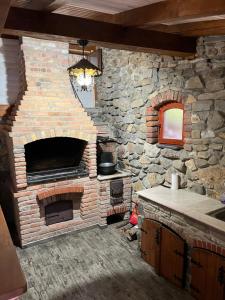 a stone kitchen with a brick oven in a kitchen at Casa de Piatra in Strungari