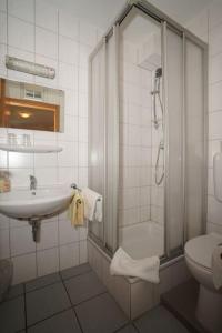 a bathroom with a shower and a sink and a toilet at Pension Döppert in Nuremberg