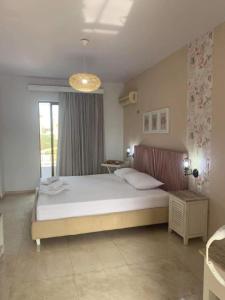 Un dormitorio con una cama grande y una ventana en Yianna Apartments en Faliraki