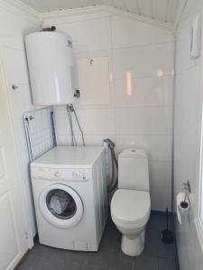 a small bathroom with a washing machine and a toilet at Lite hus ved sjøen in Evjen +33 photos