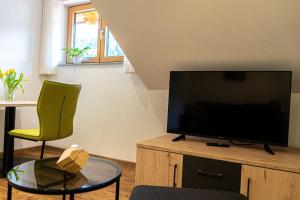 a living room with a flat screen tv and a green chair at Wetterstein in Oberstaufen