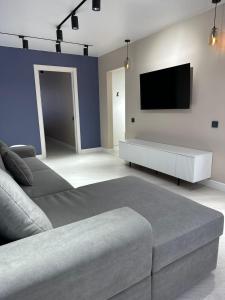 a living room with a couch and a flat screen tv at Nursultana Nazarbaeva 20 Str by Slissenko Inn in Pavlodar