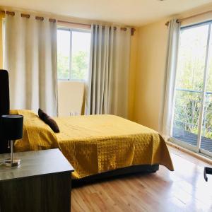 1 dormitorio con cama y ventana grande en Sombrerete 2BE-2BAT-1Parking, en Ciudad de México