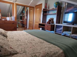 Apartamento con estupendas vistas في موانيا: غرفة نوم بسرير وتلفزيون بشاشة مسطحة