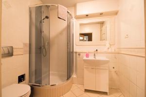 a bathroom with a shower and a toilet and a sink at Happy Apartments - Economy in Wrocław