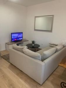 salon z białą kanapą i telewizorem w obiekcie Maison des Larris - proche Aéroport - navette Gare w Beauvais +37 zdjęć
