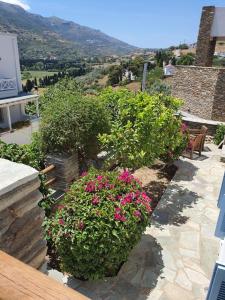 un jardin avec des fleurs roses et des buissons offrant une vue dans l'établissement Karaoulanis Apartments, à Andros