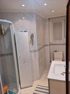 a bathroom with a shower and a sink and a refrigerator at La Perla de Candás in Candás