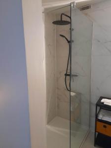 een douche met een glazen deur in de badkamer bij Ostend Central Residence in Oostende