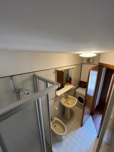 un piccolo bagno con lavandino e servizi igienici di DOLOMITI HOUSE 12 a Fiera di Primiero