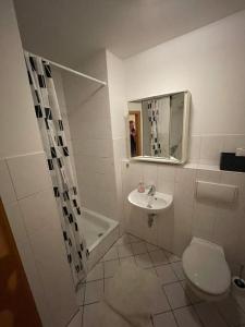 uma casa de banho com um lavatório, um WC e um espelho. em Pension Bärbel Neelen em Hameln