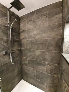 a bathroom with a shower with a toilet in it at Lynton old town, Central ground floor 1 bed apart. in Lynton