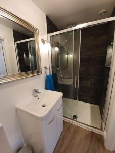 a bathroom with a sink and a shower at Lynton old town, Central ground floor 1 bed apart. in Lynton