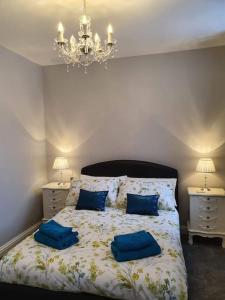 a bedroom with a bed with two blue pillows on it at Lynton old town, Central ground floor 1 bed apart. in Lynton