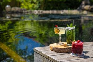 zwei Cocktails auf einem Tisch neben einem Pool mit Wasser in der Unterkunft Vegan Hotel La Vimea in Naturns