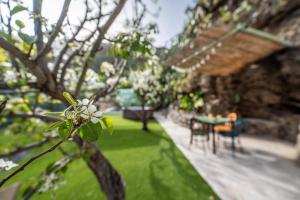 a garden with a table and chairs and a tree at Casa rural Bejeque in Teror