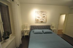 a bedroom with a bed with blue pillows and a painting on the wall at Townhouse Apartments in Mariehamn