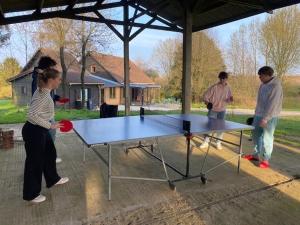 a group of people standing around a ping pong table at Les Galets 1 in Auchonvillers