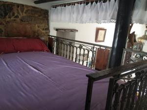 a bedroom with a bed with purple sheets and a window at xenios Z rustic rural cottage in Karídhion