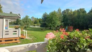 a garden with a fence and flowers in a yard at Domki u Szreka in Kołczewo