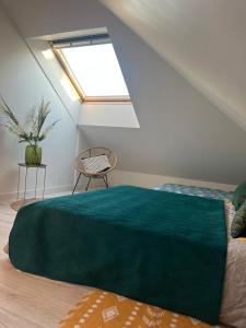 - une chambre avec un lit vert et une lucarne dans l'établissement Magnifique logement, confortable et paisible., à Saint-Marcel