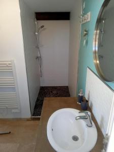 uma casa de banho com um lavatório e um chuveiro em les cerisiers de stella em Blauvac