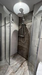 een douche in een badkamer met een glazen douchecabine bij Haus Malta Wohnung 11, 300m zum Strand in Graal-Müritz