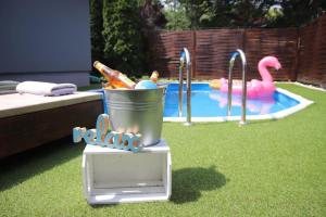 帕利克Palić vila Maša pr Emina Stipancevic的池边一个摊位上的一桶饮料