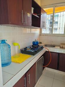 een keuken met een fornuis en een blauwe pot op het aanrecht bij Carol's homes in Mombasa