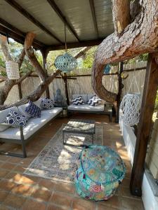 een veranda met banken, een tafel en een boom bij Casa vacanza in Sabaudia