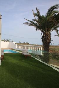 uma palmeira sentada ao lado de uma piscina em Villa Darío en Nazaret em Nazaret