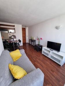 - un salon avec un canapé et une télévision dans l'établissement Cómodo, amplio y céntrico departamento, à Santiago