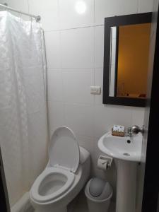 a bathroom with a toilet and a sink and a mirror at Margarita's House Machupicchu in Machu Picchu