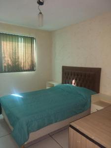 a bedroom with a bed with a green comforter at Departamentos Merceditas in San Rafael +54 photos