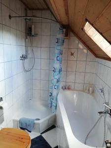 索內貝格的住宿－Ferienwohnung Isis in Neufang，浴室配有白色浴缸和淋浴。
