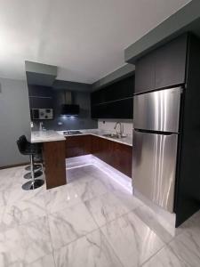 La cuisine est équipée d'un réfrigérateur en acier inoxydable et d'un évier. dans l'établissement moderno apartamento en el centro de la ciudad, à Chihuahua