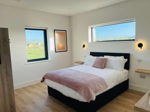 a bedroom with a large bed with two windows at Greene Acres - Room Only in Doolin +14 photos
