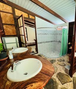 a bathroom with a sink and a shower at Te Fare Manulani in Uturoa